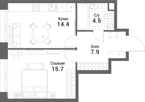 1-комнатная квартира 42.5 м² Нагатино Ай-Лэнд
