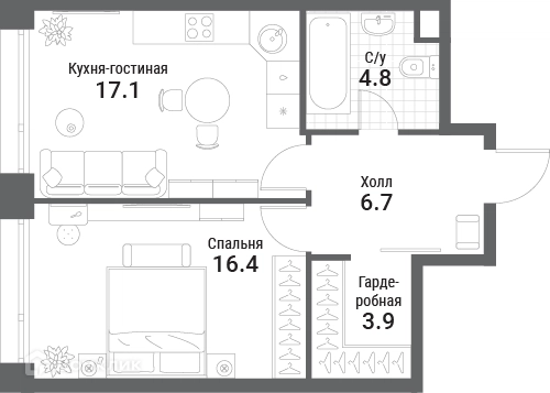 1-комнатная квартира 48.9 м² Нагатино Ай-Лэнд