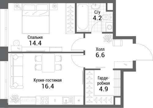 1-комнатная квартира 46.5 м² Нагатино Ай-Лэнд