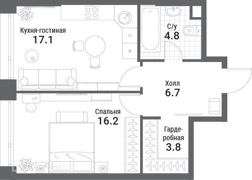 1-комнатная квартира 48.6 м² Нагатино Ай-Лэнд