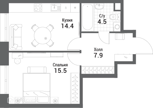 1-комнатная квартира 42.3 м² Нагатино Ай-Лэнд