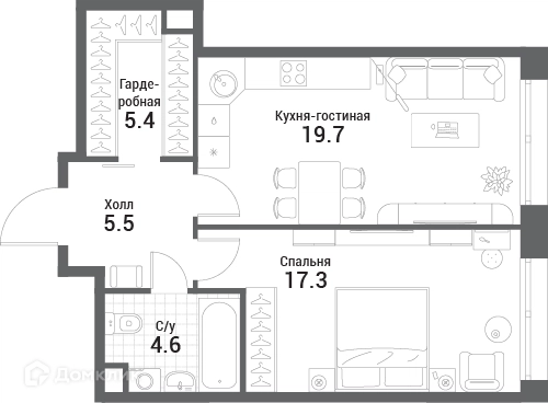 1-комнатная квартира 52.5 м² Нагатино Ай-Лэнд
