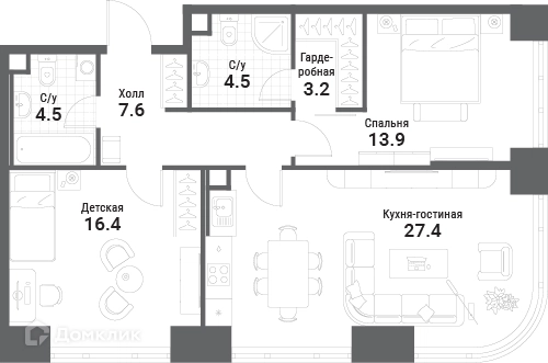 2-комнатная квартира 77.5 м² Нагатино Ай-Лэнд