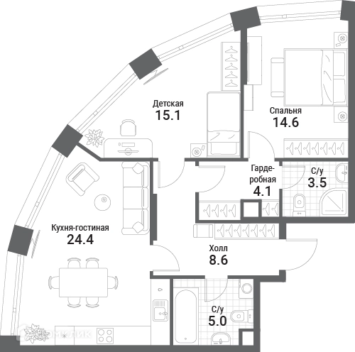 2-комнатная квартира 75.3 м² Нагатино Ай-Лэнд