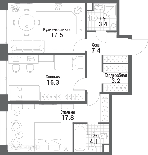 2-комнатная квартира 69.7 м² Нагатино Ай-Лэнд