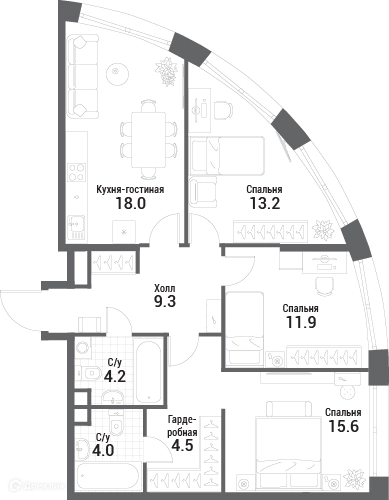 3-комнатная квартира 80.7 м² Нагатино Ай-Лэнд