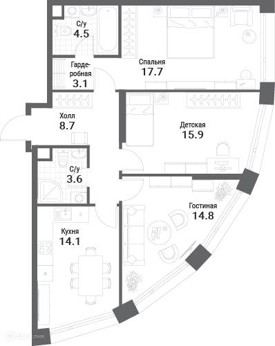 3-комнатная квартира 82.4 м² Нагатино Ай-Лэнд