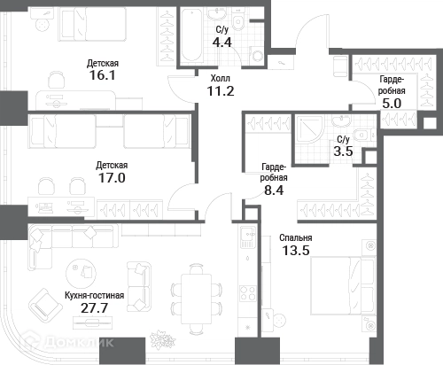 3-комнатная квартира 106.8 м² Нагатино Ай-Лэнд
