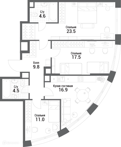 3-комнатная квартира 87.8 м² Нагатино Ай-Лэнд