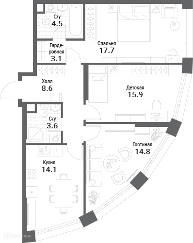 3-комнатная квартира 82.3 м² Нагатино Ай-Лэнд