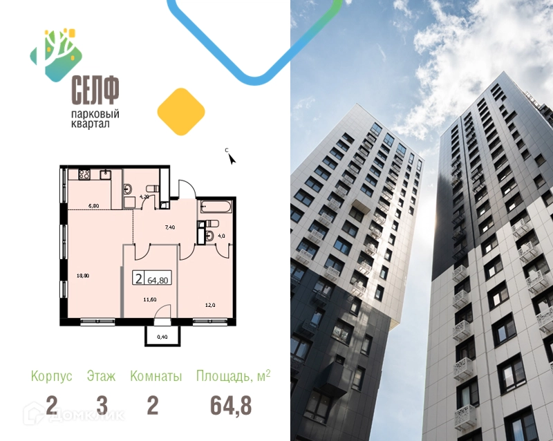 2-комнатная квартира 64.8 м² Парковый квартал СЕЛФ