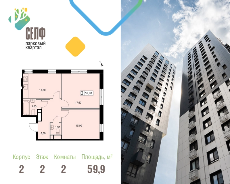 2-комнатная квартира 59.9 м² Парковый квартал СЕЛФ