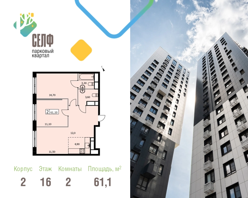 2-комнатная квартира 61.1 м² Парковый квартал СЕЛФ