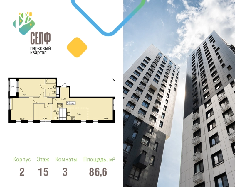 3-комнатная квартира 86.6 м² Парковый квартал СЕЛФ