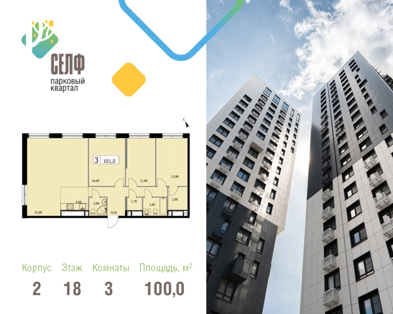 3-комнатная квартира 101 м² Парковый квартал СЕЛФ