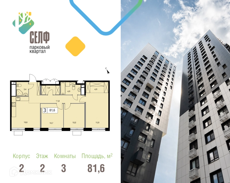 3-комнатная квартира 81.6 м² Парковый квартал СЕЛФ