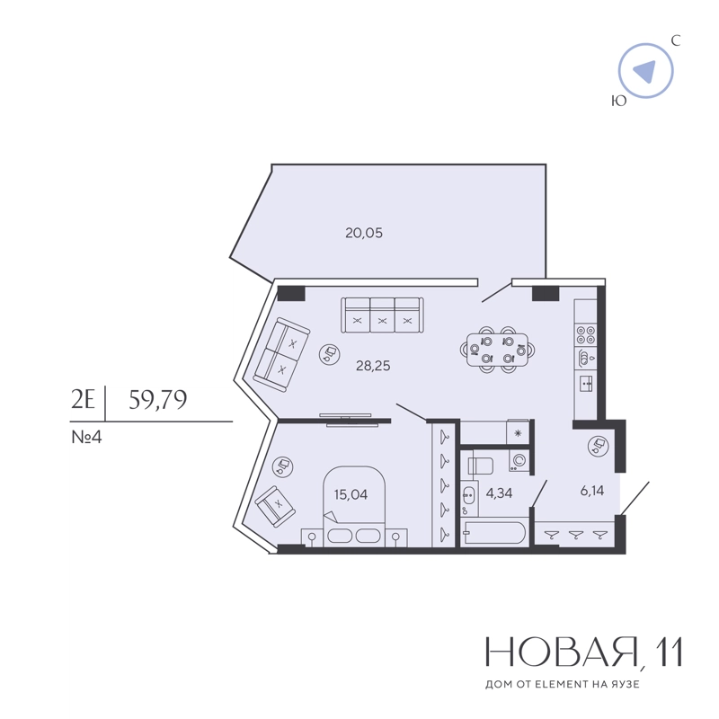 1-комнатная квартира 59.79 м² Новая, 11