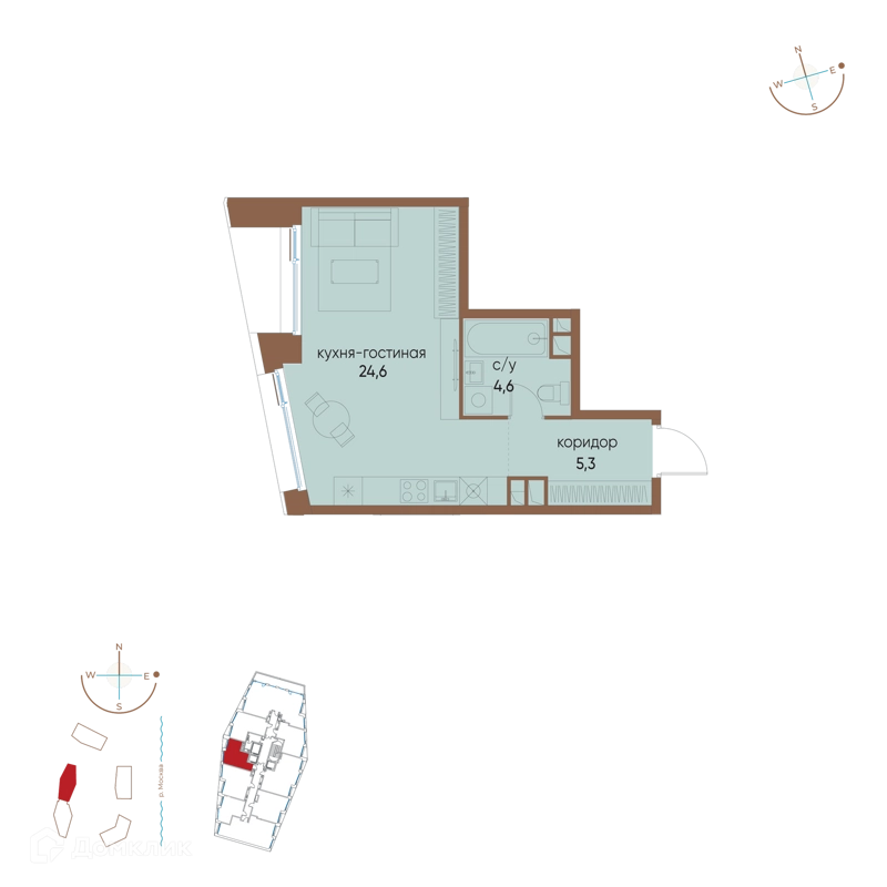 Студия 34.5 м² Остров