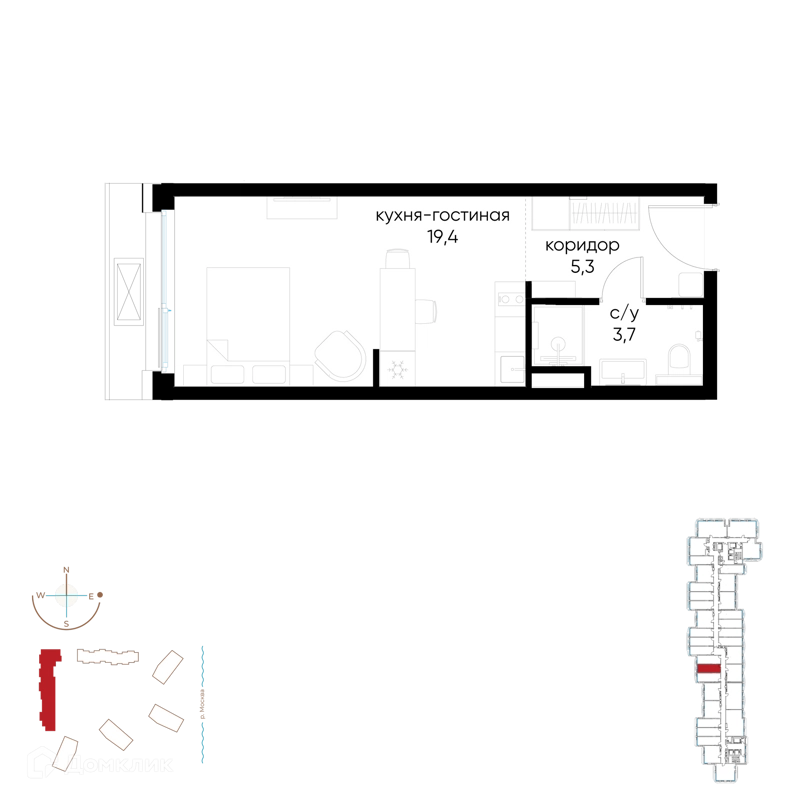 Студия 28.4 м² Остров
