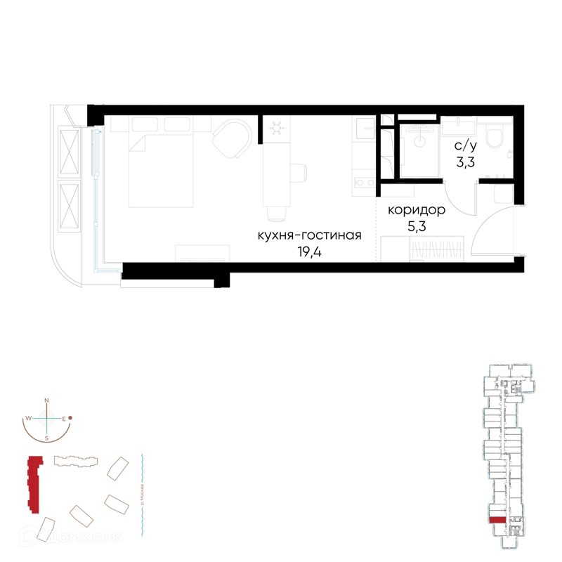 Студия 28 м² Остров