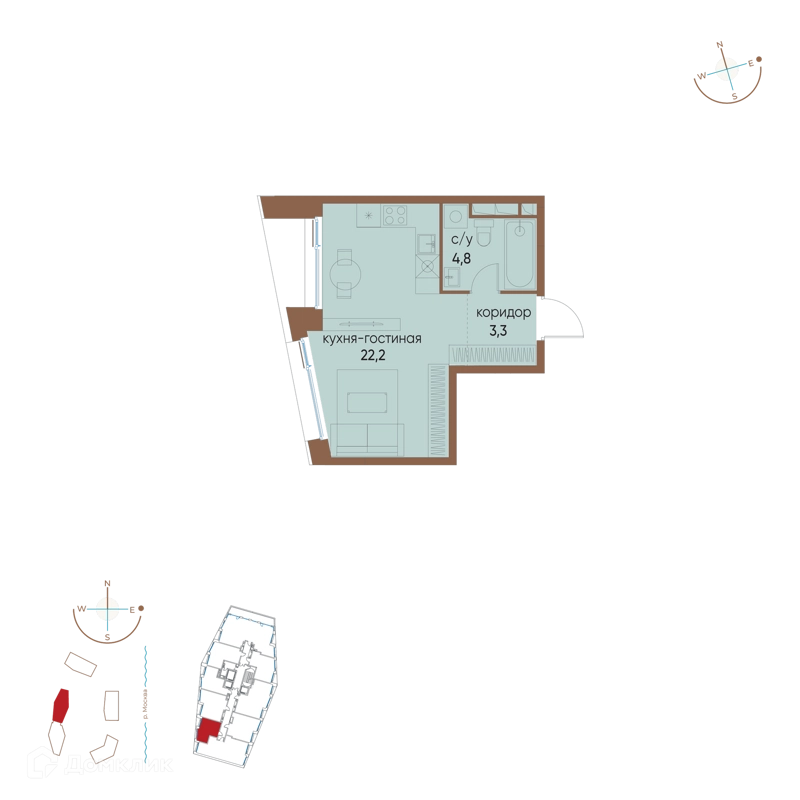 Студия 30.3 м² Остров
