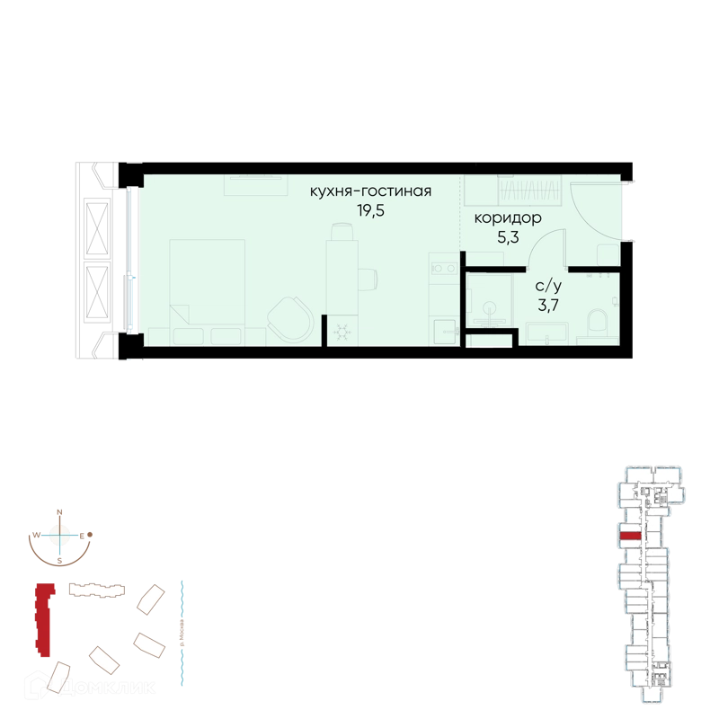 Студия 28.5 м² Остров