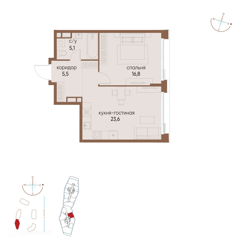 1-комнатная квартира 51 м² Остров