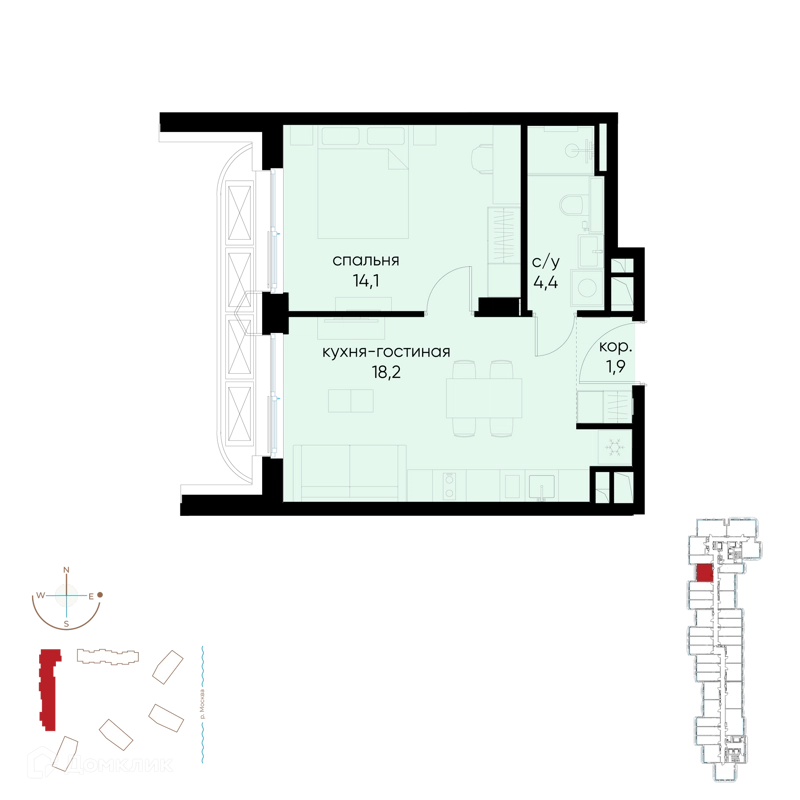 1-комнатная квартира 38.6 м² Остров