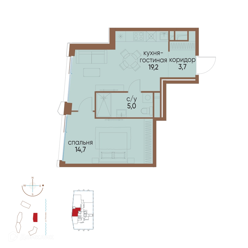 1-комнатная квартира 42.6 м² Остров