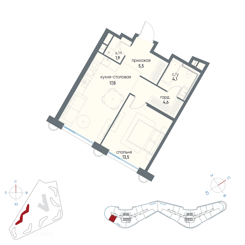 1-комнатная квартира 47.4 м² Остров