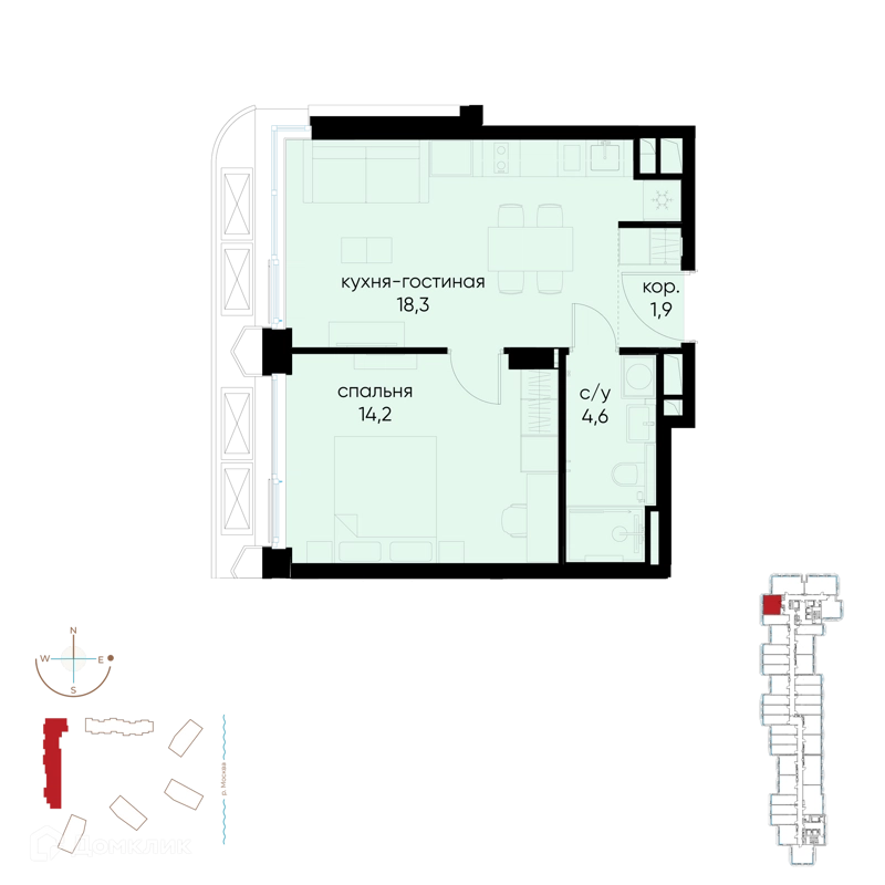 1-комнатная квартира 39 м² Остров