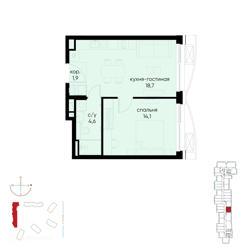 1-комнатная квартира 39.3 м² Остров