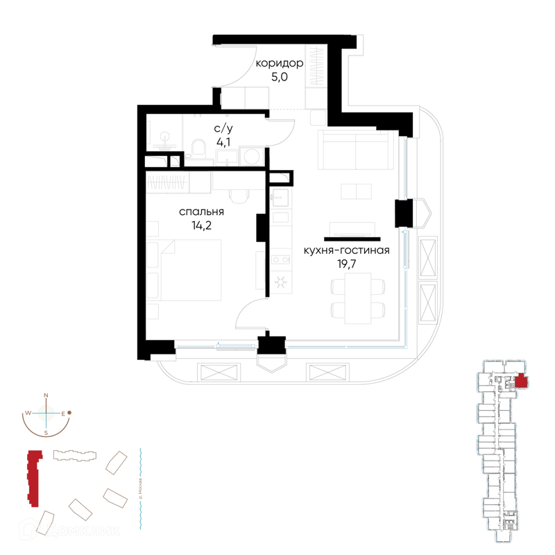 1-комнатная квартира 43 м² Остров