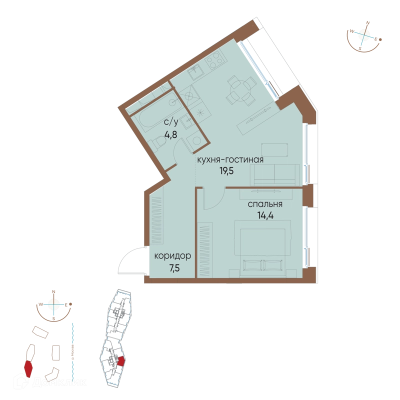1-комнатная квартира 46.2 м² Остров