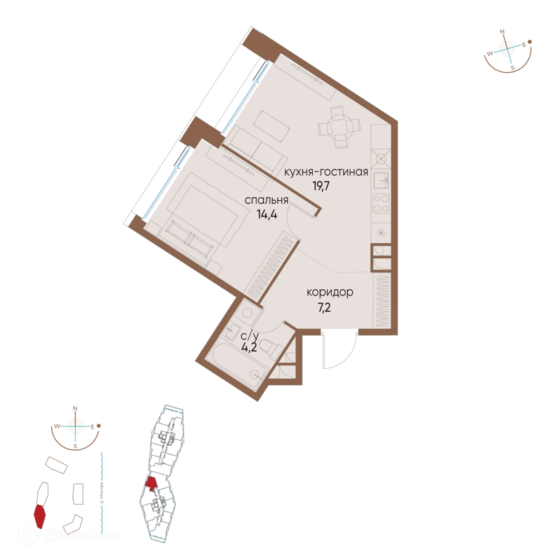 1-комнатная квартира 45.5 м² Остров