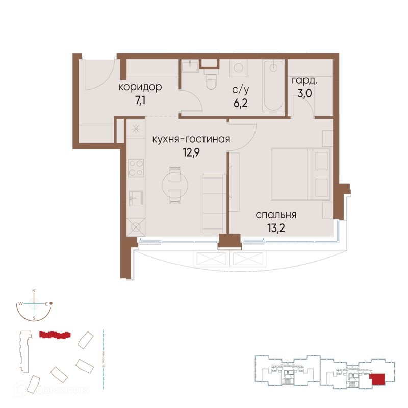 1-комнатная квартира 42.4 м² Остров