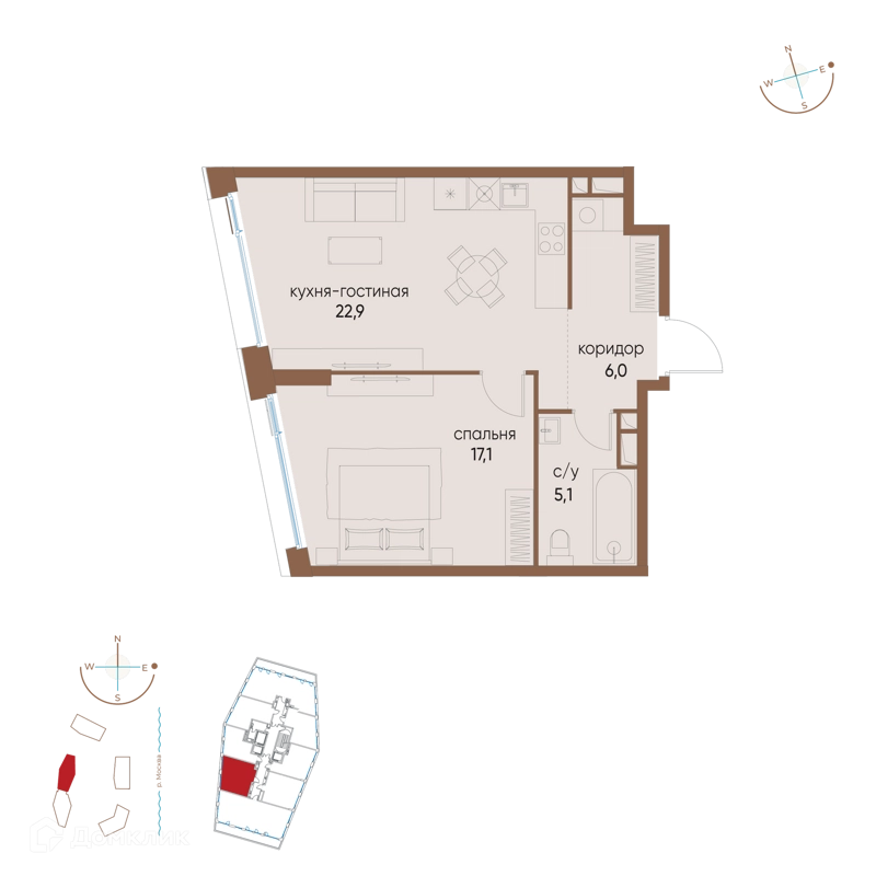 1-комнатная квартира 51.1 м² Остров