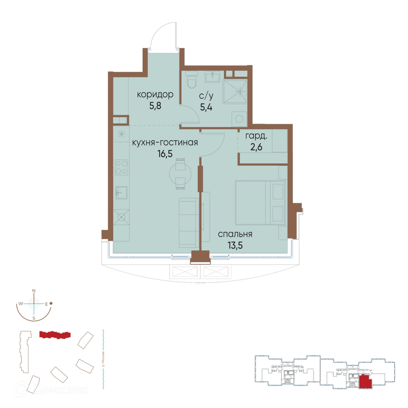 1-комнатная квартира 43.8 м² Остров