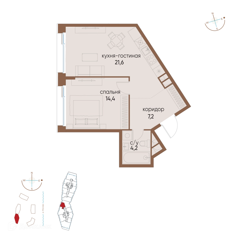 1-комнатная квартира 47.4 м² Остров
