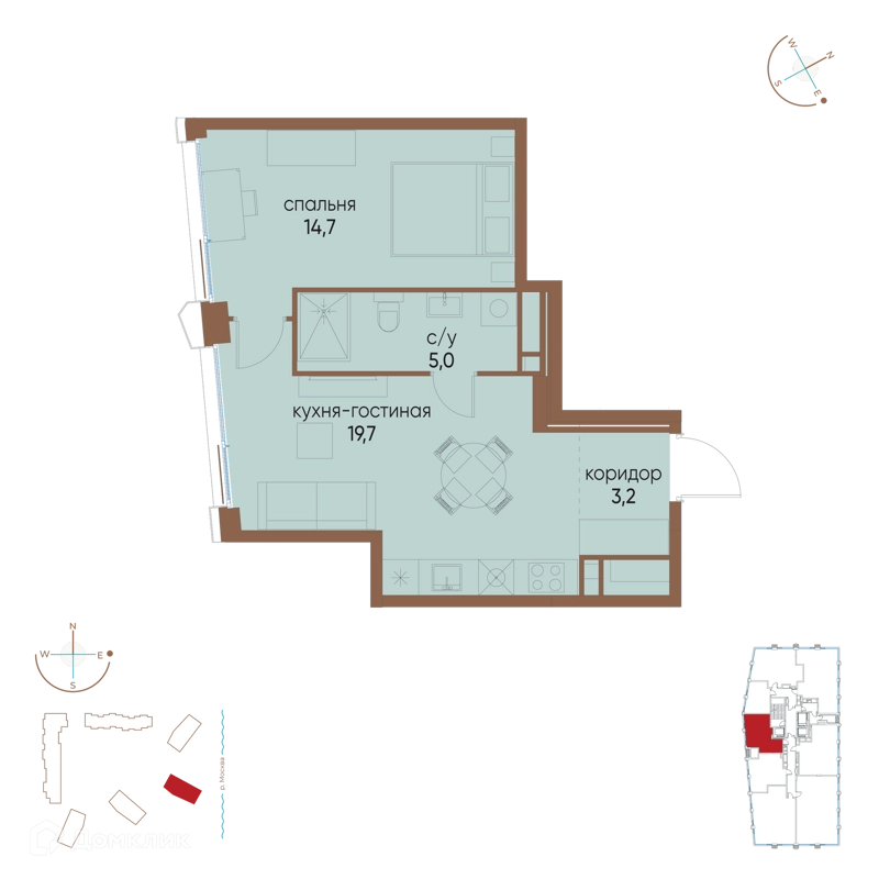 1-комнатная квартира 42.6 м² Остров