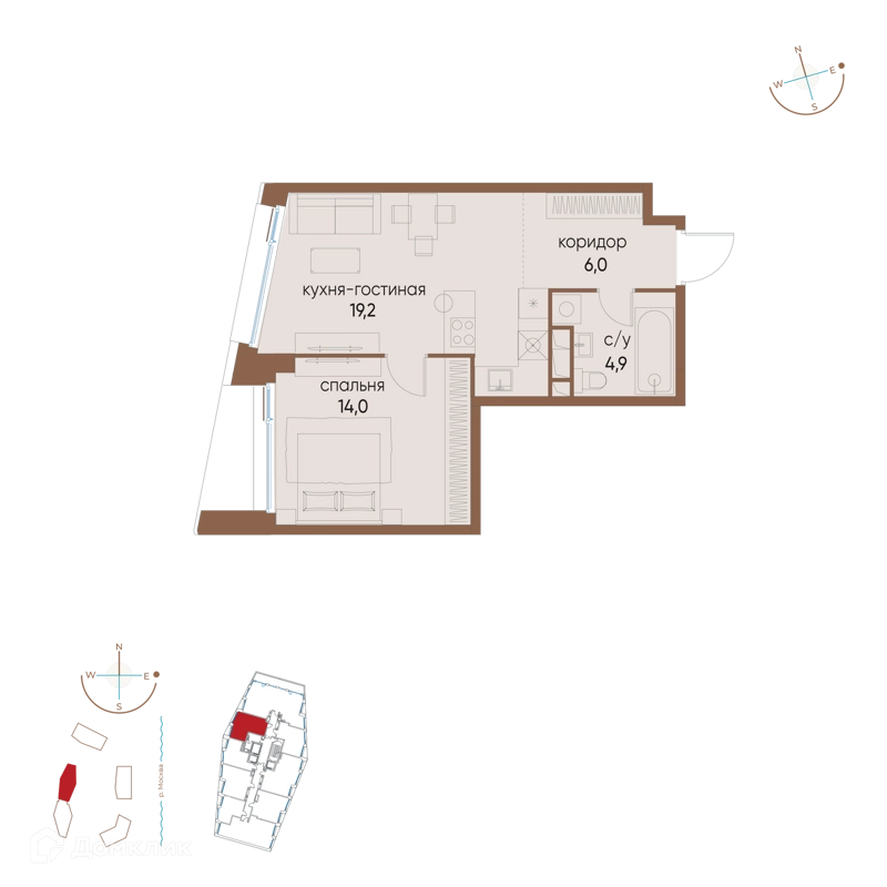 1-комнатная квартира 44.1 м² Остров