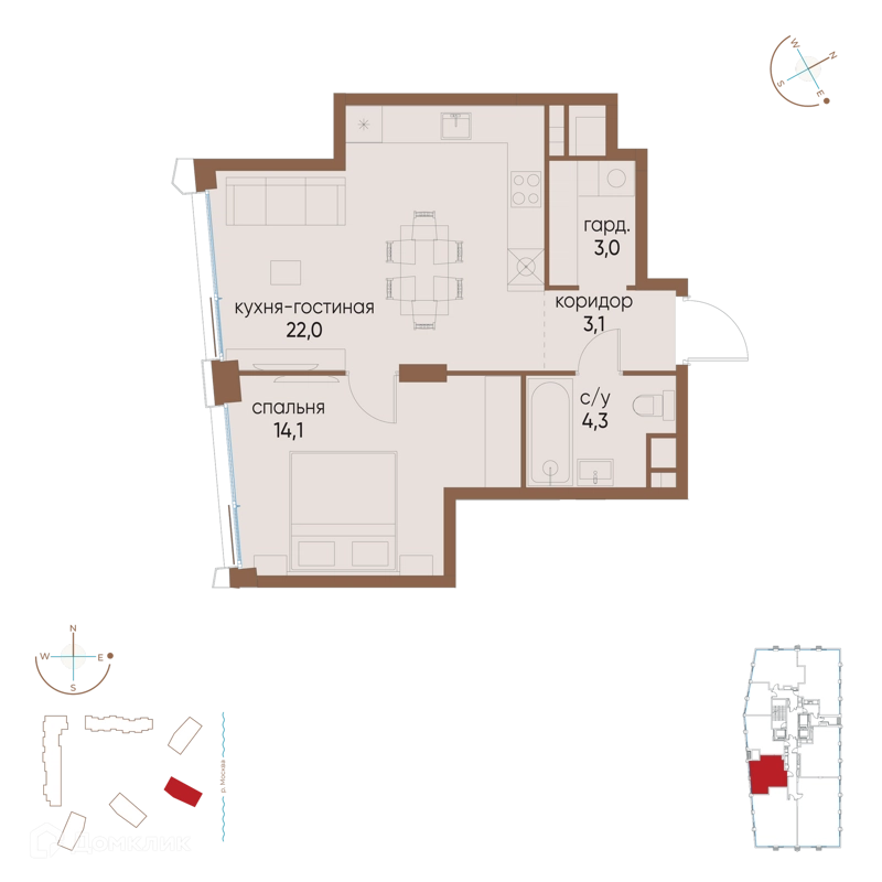 1-комнатная квартира 46.5 м² Остров