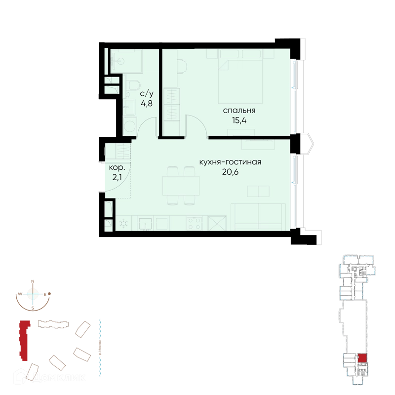1-комнатная квартира 42.9 м² Остров