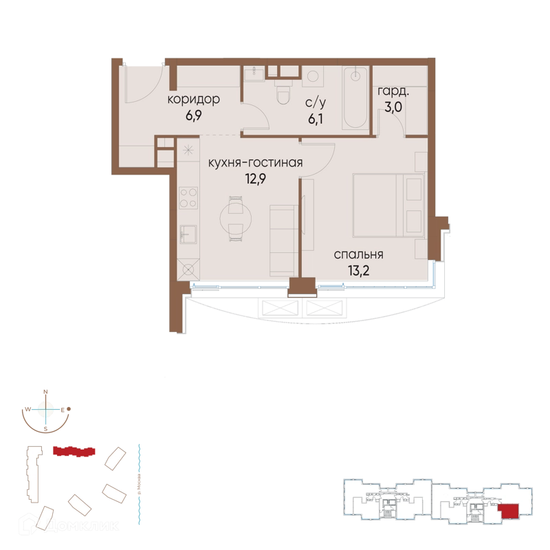 1-комнатная квартира 42.1 м² Остров