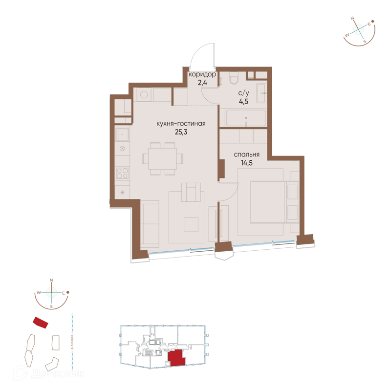 1-комнатная квартира 46.7 м² Остров