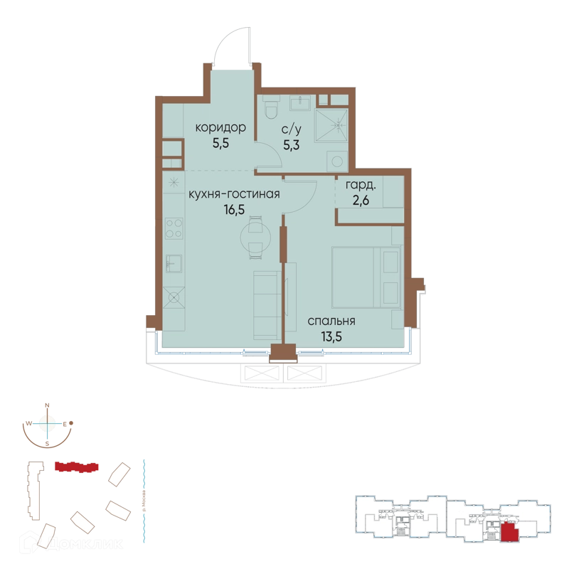 1-комнатная квартира 43.4 м² Остров