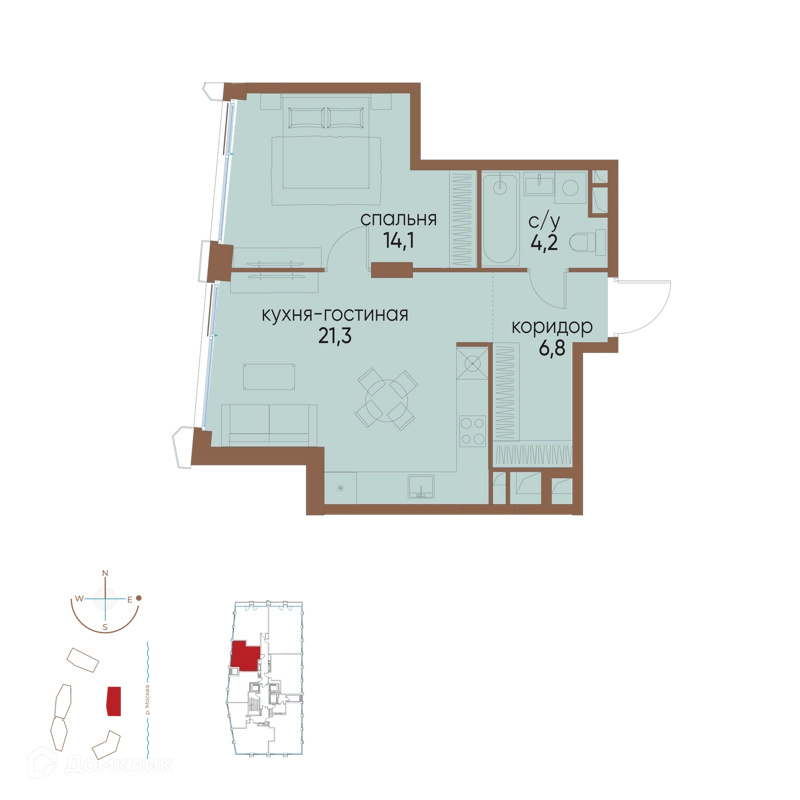 1-комнатная квартира 46.4 м² Остров