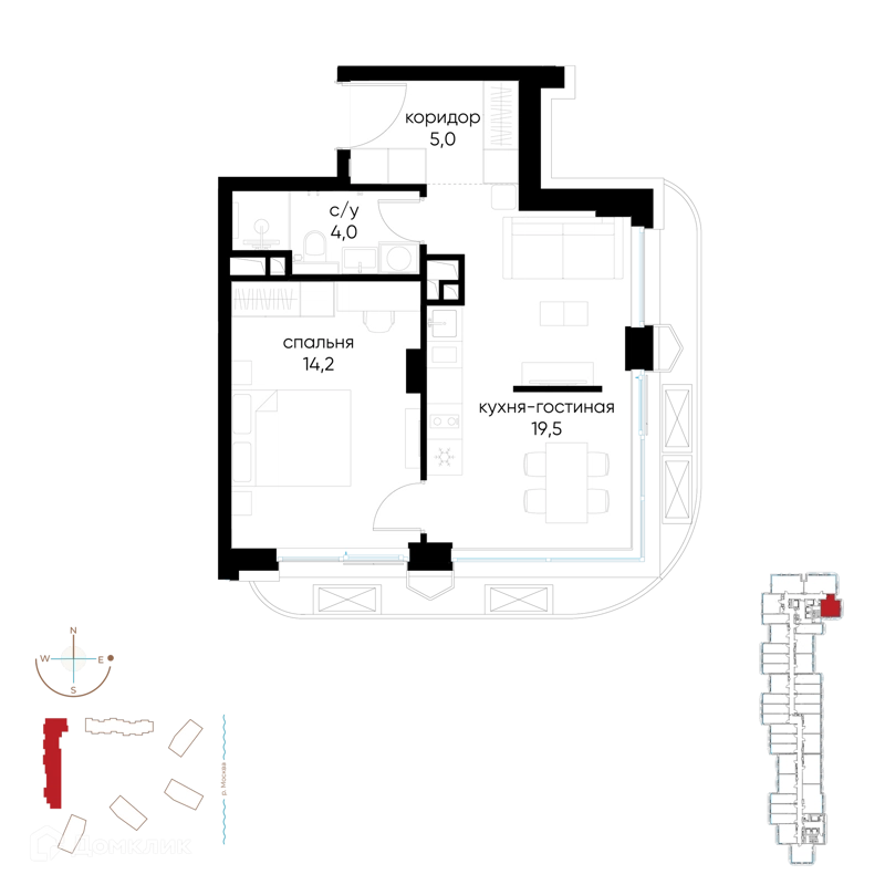 1-комнатная квартира 42.7 м² Остров