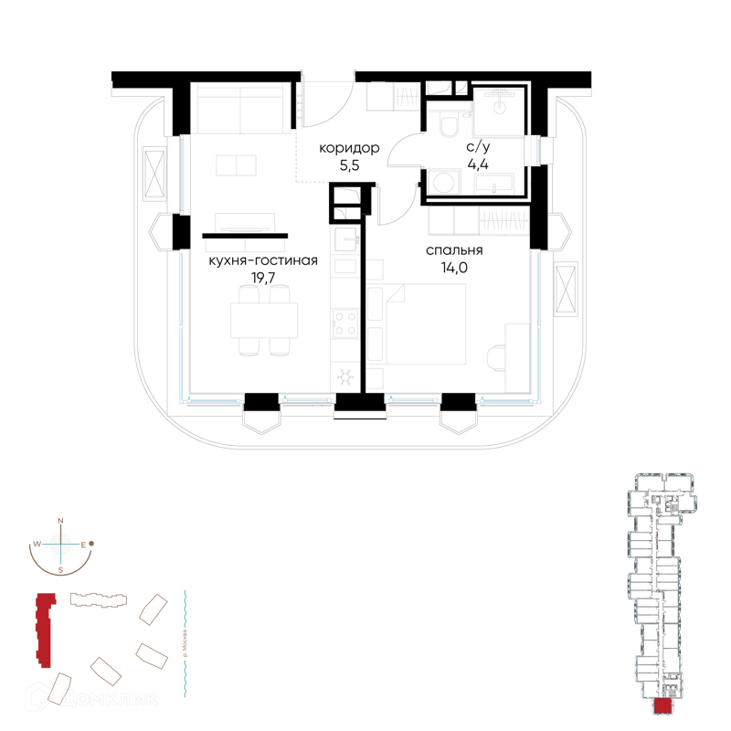 1-комнатная квартира 43.6 м² Остров
