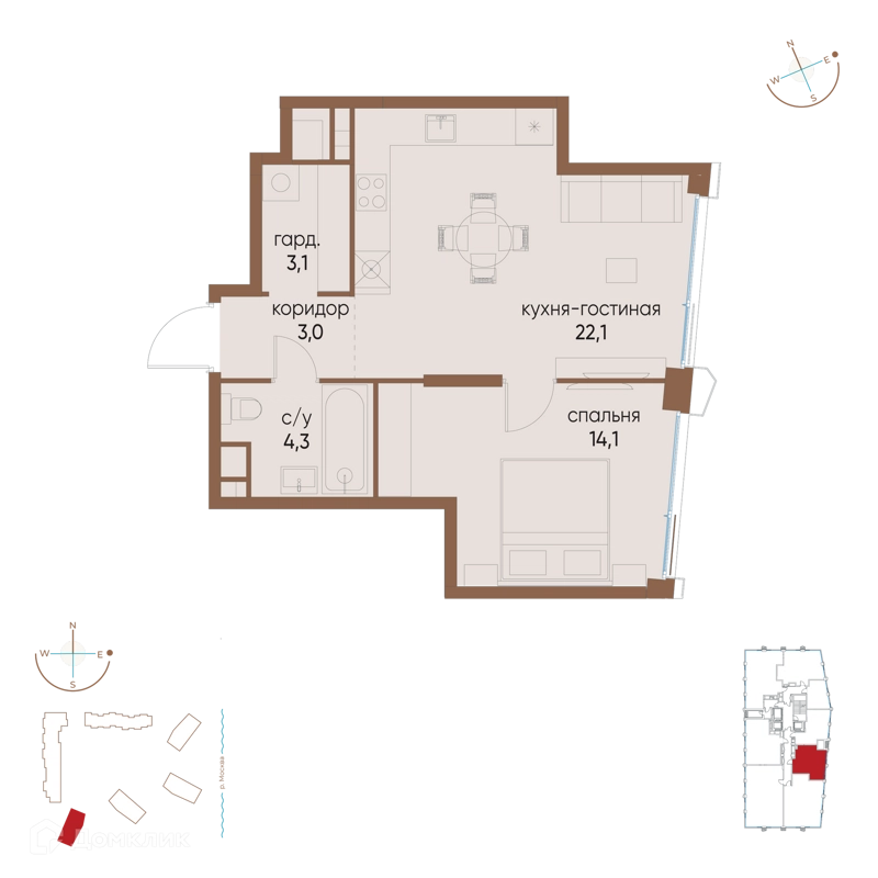 1-комнатная квартира 46.6 м² Остров